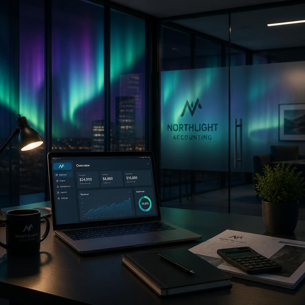 Escritório contábil moderno à noite com laptop exibindo dashboard e luzes aurora ao fundo